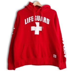 LIFEGUARD | Front Logo White Cross Comfy Hoodie Sweatshirt Red Sz M